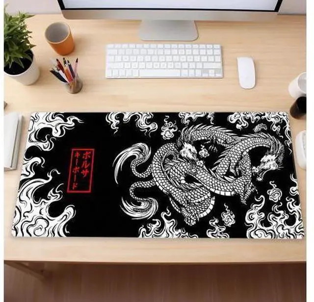 Alt view image 6 of 7 - Black and White Mouse Pad Extra Large Gaming Mousepad XL Dragon Desk Mats Japanese Full Desk Keyboard Mat Computer Pad Desk Matt with Stitched Edges Non-Slip Desktop Mat 31.5 x15.7 in
