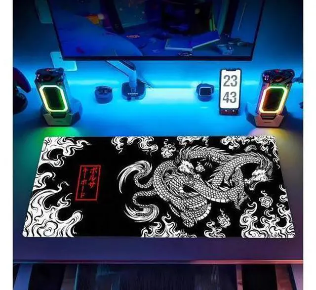 Alt view image 7 of 7 - Black and White Mouse Pad Extra Large Gaming Mousepad XL Dragon Desk Mats Japanese Full Desk Keyboard Mat Computer Pad Desk Matt with Stitched Edges Non-Slip Desktop Mat 31.5 x15.7 in