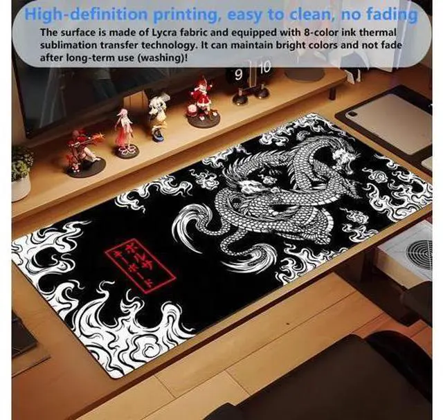 Alt view image 5 of 7 - Black and White Mouse Pad Extra Large Gaming Mousepad XL Dragon Desk Mats Japanese Full Desk Keyboard Mat Computer Pad Desk Matt with Stitched Edges Non-Slip Desktop Mat 31.5 x15.7 in