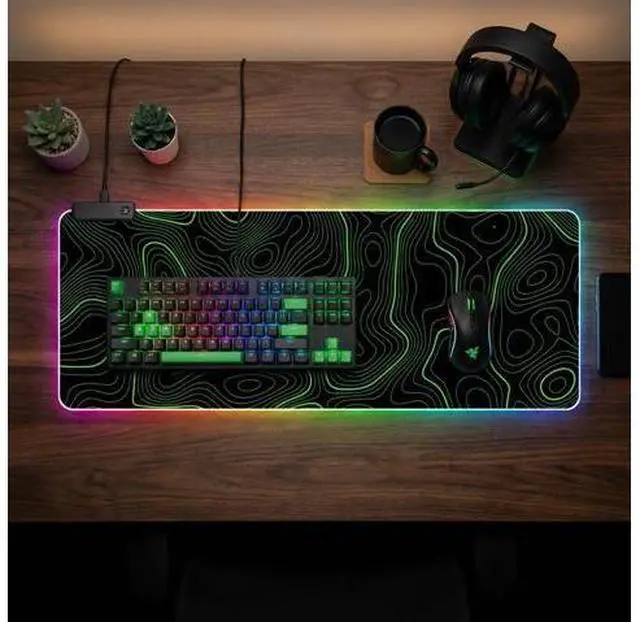 Alt view image 2 of 6 - RGB Mouse Pad LED Desk Mat Large Gaming Mousepad Black and Green Line Design, Keyboard Pad XL Mouse Mat for Home and Office