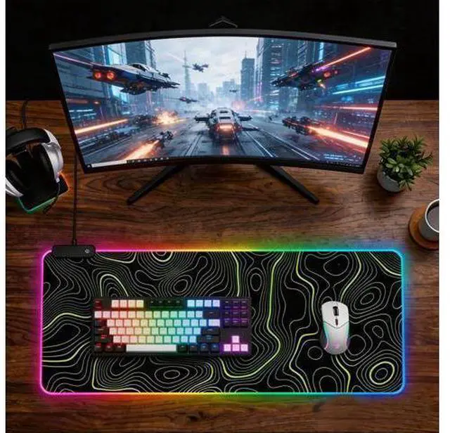 Alt view image 6 of 6 - RGB Mouse Pad LED Desk Mat Large Gaming Mousepad Black and Green Line Design, Keyboard Pad XL Mouse Mat for Home and Office