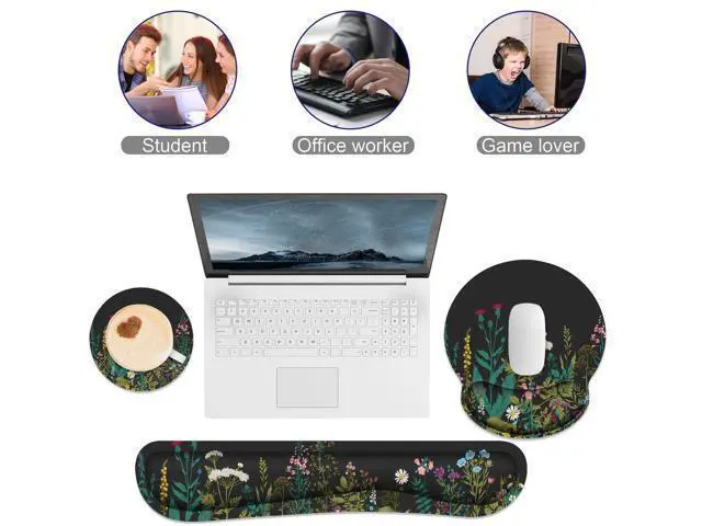 Alt view image 4 of 7 - Ergonomic Mouse Pad with Wrist Rest and Keyboard Wrist Rest, Memory Foam Wrist Rest for Computer Keyboard, Easy Typing, Pain Relief, Mouse Pad Wrist Support for Gaming,Office, Laptop, Black Flower