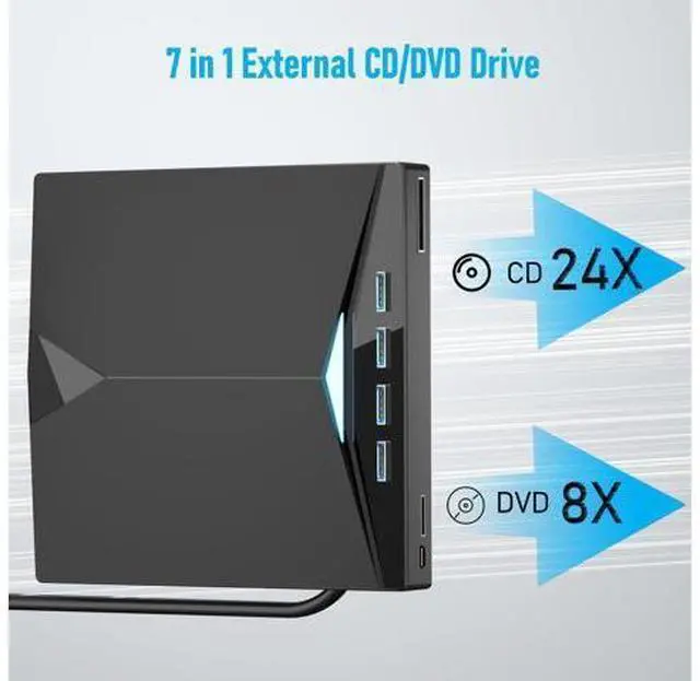 Alt view image 2 of 7 - External CD/DVD Drive for PC, Portable 7 in1 USB 3.0 CD Drive External Usb, CD Reader for PC CD Burner with 4 USB Ports and TF/SD Card Slots, External Dvd Burner for Windows 11/10/8/7/XP/Linux/MacOS