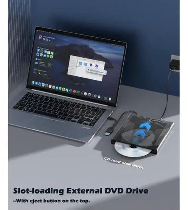 Alt view image 2 of 7 - 8 in 1 External CD/DVD Drive for Laptop, Slot-Loading CD Reader for Laptop, CDs Drive External USB DVD Drive Externals CD Burner Compatible with PC Windows Linux MacOS (+Carrying Case)