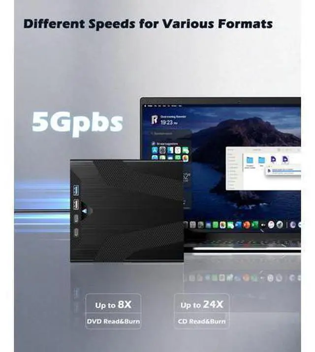 Alt view image 3 of 7 - 8 in 1 External CD/DVD Drive for Laptop, Slot-Loading CD Reader for Laptop, CDs Drive External USB DVD Drive Externals CD Burner Compatible with PC Windows Linux MacOS (+Carrying Case)