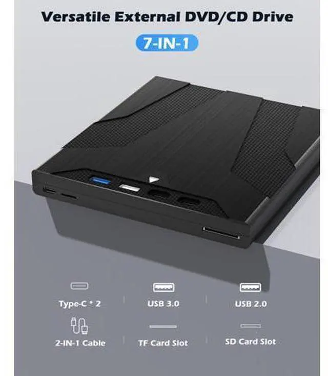 Alt view image 4 of 7 - 8 in 1 External CD/DVD Drive for Laptop, Slot-Loading CD Reader for Laptop, CDs Drive External USB DVD Drive Externals CD Burner Compatible with PC Windows Linux MacOS (+Carrying Case)