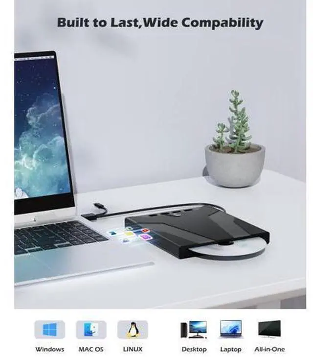 Alt view image 6 of 7 - 8 in 1 External CD/DVD Drive for Laptop, Slot-Loading CD Reader for Laptop, CDs Drive External USB DVD Drive Externals CD Burner Compatible with PC Windows Linux MacOS (+Carrying Case)