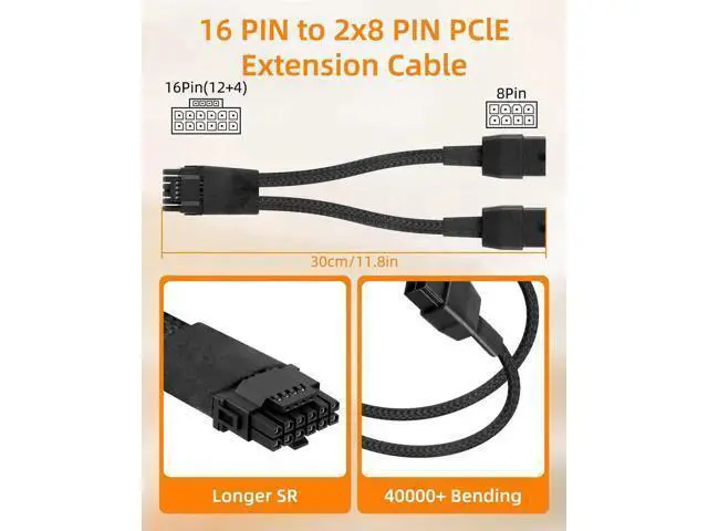 Alt view image 2 of 7 - 16AWG PCIE 5.0 GPU Power Extension Cable,12VHPWR 16 Pin(12+4) GPU Male to 2 X 8Pin PCIE Female Splitter Power Sleeved Cable for 16Pin(12+4) GPU,RTX 40/50 Series Graphics Cards(0.3M/0.98FT)