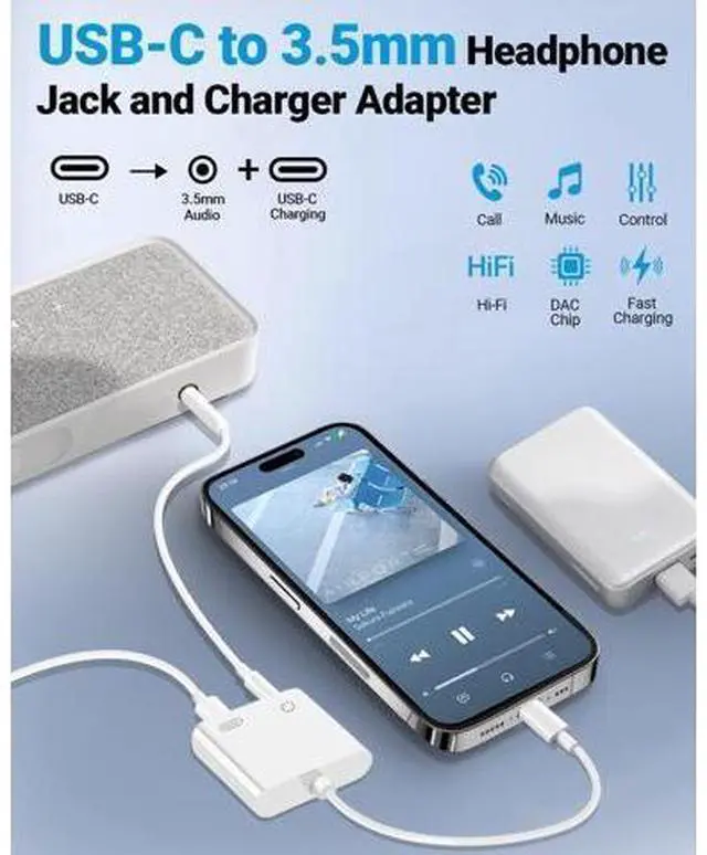 Alt view image 2 of 7 - USB C to 3.5mm Headphone Jack and Charger Adapter, 2-in-1 Audio & Fast Charging Splitter for Apple iPhone 17/16/15/Pro/Pro Max, iPad, Samsung, Pixel, and More 2Pack