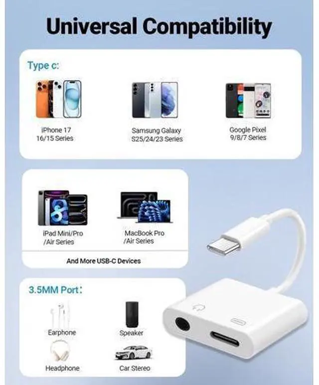 Alt view image 7 of 7 - USB C to 3.5mm Headphone Jack and Charger Adapter, 2-in-1 Audio & Fast Charging Splitter for Apple iPhone 17/16/15/Pro/Pro Max, iPad, Samsung, Pixel, and More 2Pack