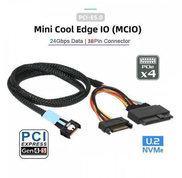 Alt view image 4 of 7 - FVH MCIO 4x Mini Cool Edge IO to U.2 SFF-8639 NVME PCIe PCI-Express Cable for Mainboard SSD