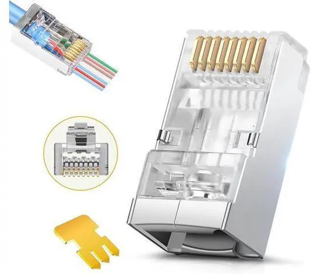 Main image of Shielded RJ45 Cat6 Cat 6A Connectors - Pass Through Connector Gold Plated 3 Prong 8P8C Modular Plugs for FTP/STP Stranded Ethernet Cable & Solid Wire - 50 Pcs/Jar