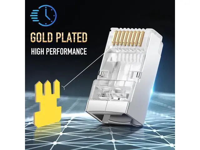 Alt view image 5 of 6 - Shielded RJ45 Cat6 Cat 6A Connectors - Pass Through Connector Gold Plated 3 Prong 8P8C Modular Plugs for FTP/STP Stranded Ethernet Cable & Solid Wire - 50 Pcs/Jar