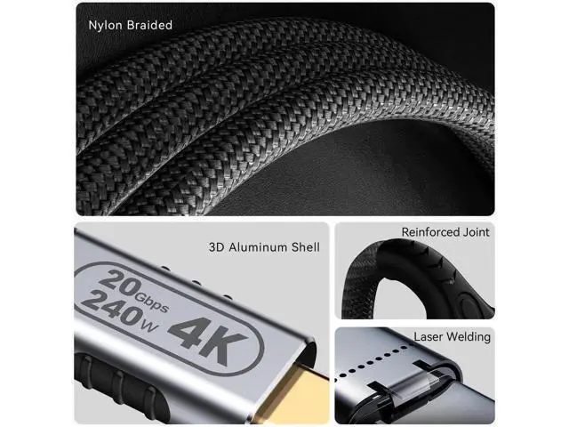 Alt view image 6 of 7 - 10ft USB-C to USB-C Cable, 20Gbps Data Transfer, 4K@60Hz Video, 240W Fast Charge, Compatible with Laptops, Tablets, Smartphones, and Computers