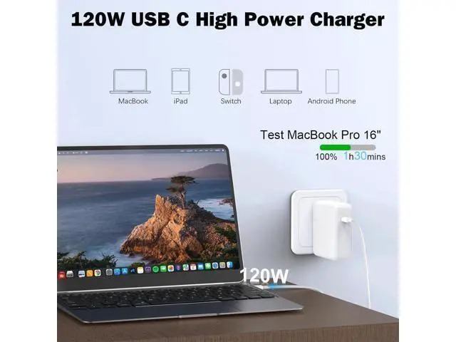 Alt view image 2 of 7 - Mac Book Pro Charger - 120W USB C Fast Charger Adapter Compatible with MacBook Pro & MacBook Air 13 14 15 16 inch iPad Pro Galaxy and All USB C Device