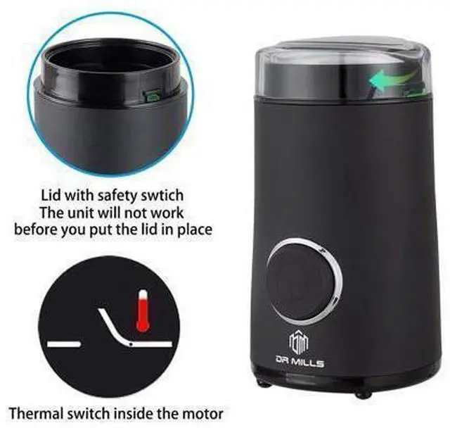 Alt view image 3 of 7 - DM-7441 Coffee Grinder Electric, Coffee Bean and Dried Spice Grinder, One Touch Operation, Blade and Cup Made with SUS304 Stainless Steel (Black)