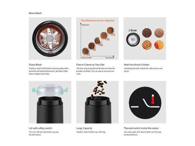 Alt view image 5 of 7 - DM-7441 Coffee Grinder Electric, Coffee Bean and Dried Spice Grinder, One Touch Operation, Blade and Cup Made with SUS304 Stainless Steel (Black)