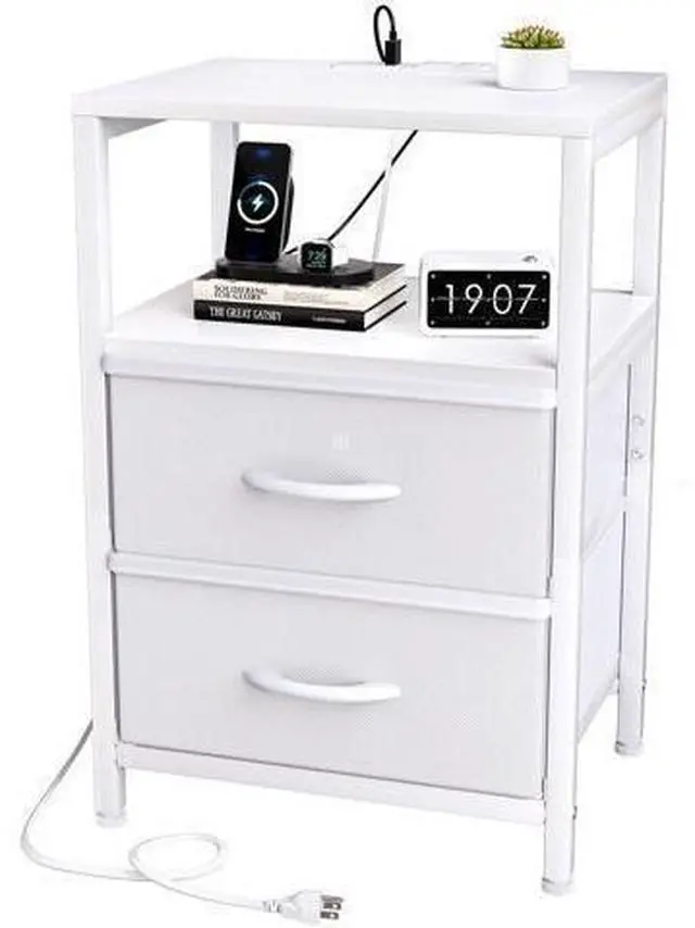 Main image of Side End Table with Charging Station, Tall Nightstand Bedside Table with Fabric Drawers for Living, White
