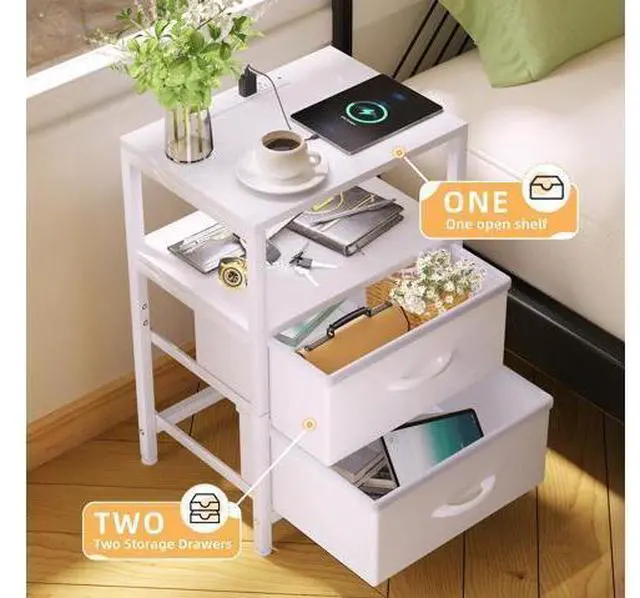 Alt view image 2 of 7 - Side End Table with Charging Station, Tall Nightstand Bedside Table with Fabric Drawers for Living, White