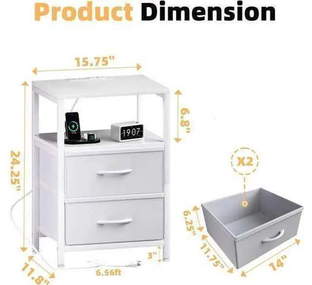 Alt view image 3 of 7 - Side End Table with Charging Station, Tall Nightstand Bedside Table with Fabric Drawers for Living, White