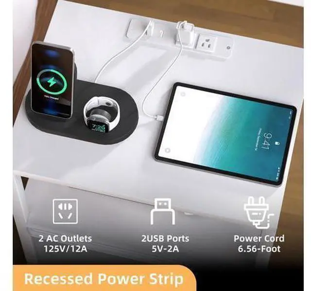 Alt view image 4 of 7 - Side End Table with Charging Station, Tall Nightstand Bedside Table with Fabric Drawers for Living, White