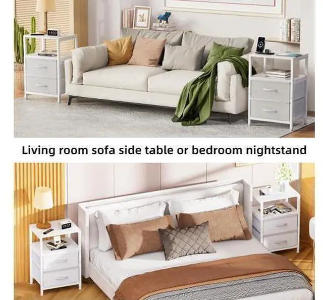 Alt view image 6 of 7 - Side End Table with Charging Station, Tall Nightstand Bedside Table with Fabric Drawers for Living, White