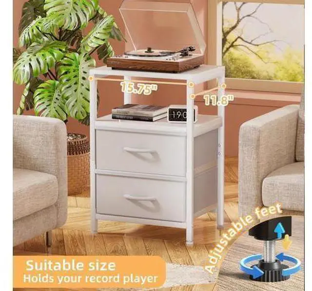 Alt view image 5 of 7 - Side End Table with Charging Station, Tall Nightstand Bedside Table with Fabric Drawers for Living, White