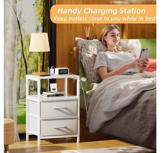 Alt view image 7 of 7 - Side End Table with Charging Station, Tall Nightstand Bedside Table with Fabric Drawers for Living, White