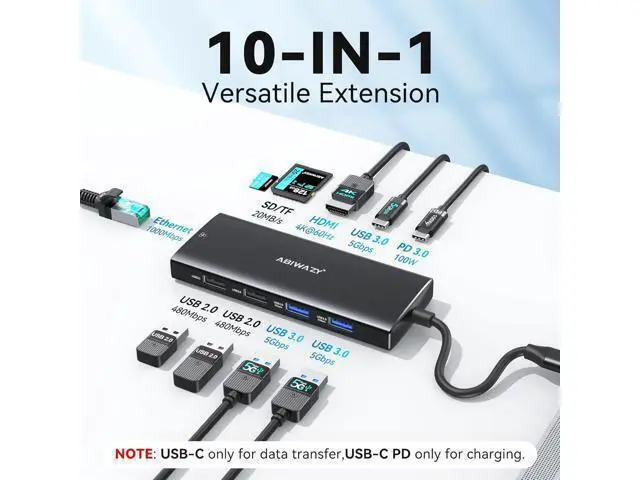 Alt view image 2 of 7 - USB C Hub Multiport Adapter 10 in 1 USBC to Ethernet Adapter with 4K HDMI Ethernet Gigabit 100W PD USB-C Data Port and SD/TF Slot for MacBook Pro/Air XPS iPad Pro Galaxy (Black)