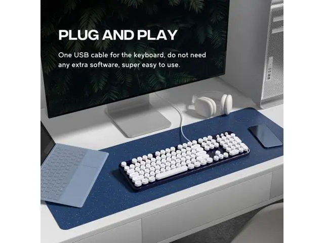 Alt view image 3 of 5 - MOWUX Computer Keyboard Wired, Plug Play USB Retro Round Typewriter Keyboard, Full Size Wired Keyboard with Foldable Stands for Laptop and Office PC