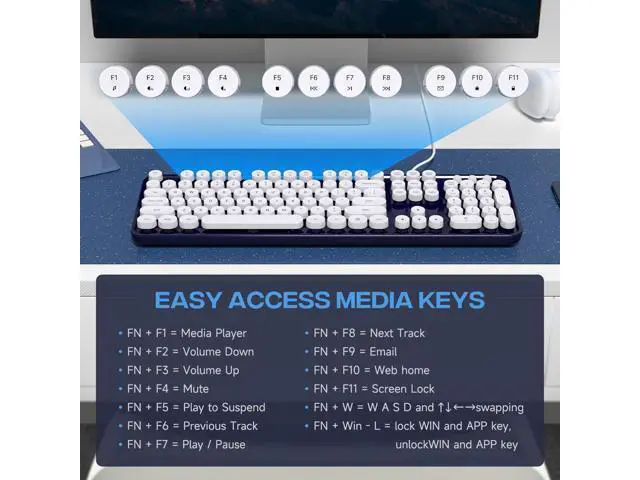 Alt view image 5 of 5 - MOWUX Computer Keyboard Wired, Plug Play USB Retro Round Typewriter Keyboard, Full Size Wired Keyboard with Foldable Stands for Laptop and Office PC