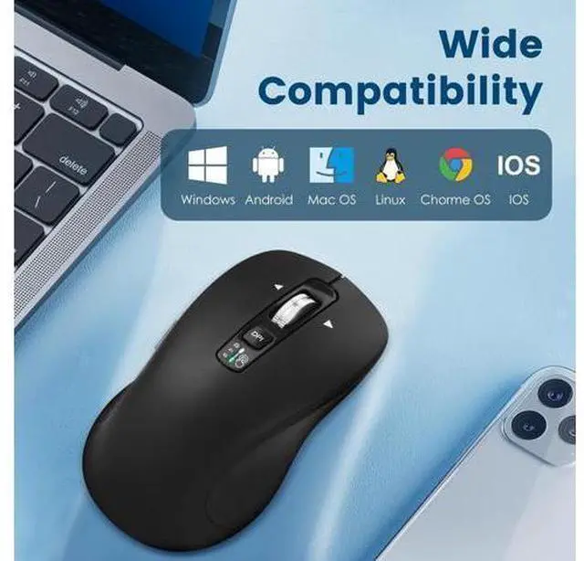 Alt view image 4 of 7 - Wireless Bluetooth Mouse (USB + BT1 + BT2) Full Size 4-Way Scrolling Multi-Device Silent Mouse for Computer Laptop iPad MacBook (Black)