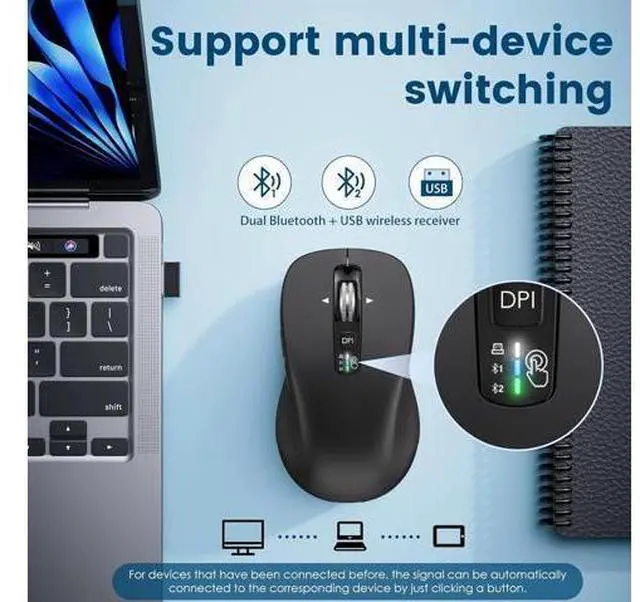 Alt view image 5 of 7 - Wireless Bluetooth Mouse (USB + BT1 + BT2) Full Size 4-Way Scrolling Multi-Device Silent Mouse for Computer Laptop iPad MacBook (Black)
