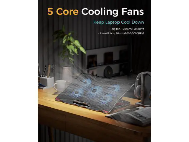 Alt view image 2 of 7 - Laptop Cooling Pad 5 Fans Up to 17.3 Inch Heavy Notebook Cooler, Blue LED Lights, 2 USB Ports, S035, Blue-5fans