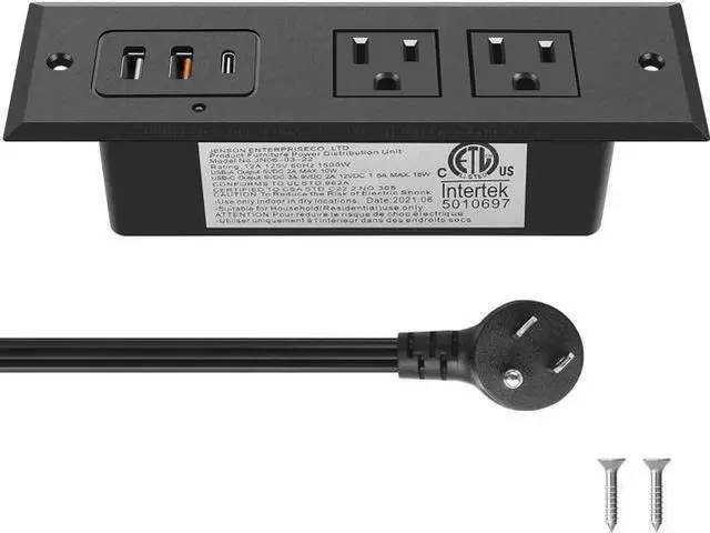 Main image of Recessed Power Strip with 45W USB-C Ports, Fast Charging USB A Port Desk Outlet, Black Furniture Hidden Charging Station for Side Table, End Table, with 6 FT 45 Degree Flat Plug Extension Cord