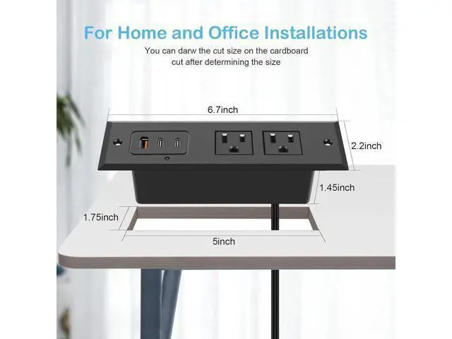 Alt view image 2 of 7 - Recessed Power Strip with 45W USB-C Ports, Fast Charging USB A Port Desk Outlet, Black Furniture Hidden Charging Station for Side Table, End Table, with 6 FT 45 Degree Flat Plug Extension Cord