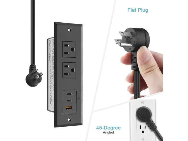 Alt view image 3 of 7 - Recessed Power Strip with 45W USB-C Ports, Fast Charging USB A Port Desk Outlet, Black Furniture Hidden Charging Station for Side Table, End Table, with 6 FT 45 Degree Flat Plug Extension Cord