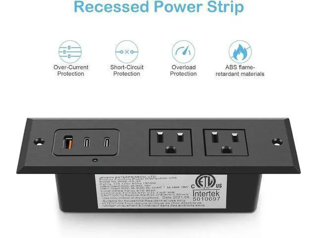 Alt view image 4 of 7 - Recessed Power Strip with 45W USB-C Ports, Fast Charging USB A Port Desk Outlet, Black Furniture Hidden Charging Station for Side Table, End Table, with 6 FT 45 Degree Flat Plug Extension Cord