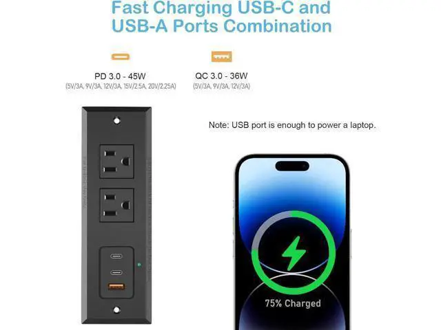 Alt view image 5 of 7 - Recessed Power Strip with 45W USB-C Ports, Fast Charging USB A Port Desk Outlet, Black Furniture Hidden Charging Station for Side Table, End Table, with 6 FT 45 Degree Flat Plug Extension Cord