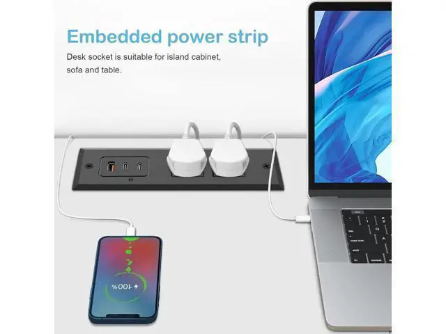 Alt view image 6 of 7 - Recessed Power Strip with 45W USB-C Ports, Fast Charging USB A Port Desk Outlet, Black Furniture Hidden Charging Station for Side Table, End Table, with 6 FT 45 Degree Flat Plug Extension Cord