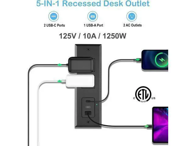 Alt view image 7 of 7 - Recessed Power Strip with 45W USB-C Ports, Fast Charging USB A Port Desk Outlet, Black Furniture Hidden Charging Station for Side Table, End Table, with 6 FT 45 Degree Flat Plug Extension Cord