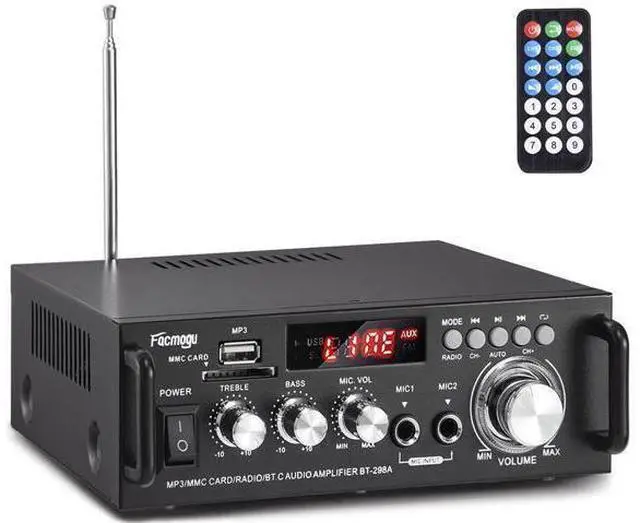 Main image of 298A Max 300Wx2 Wireless Bluetooth 5.0 Stereo Audio Amplifier, RMS 40Wx2 Power Amp 2 Channel Stereo Receiver for Home Theater Speakers, Bass & Treble Control, USB/SD/RCA/MIC/FM in, Remote
