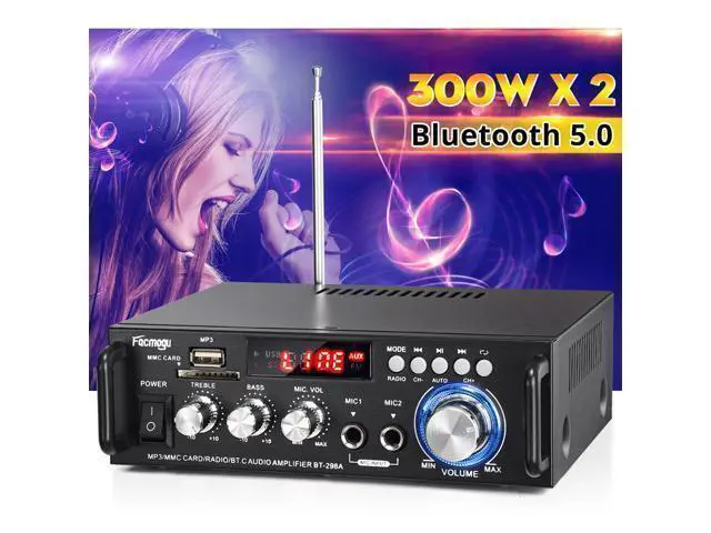 Alt view image 2 of 7 - 298A Max 300Wx2 Wireless Bluetooth 5.0 Stereo Audio Amplifier, RMS 40Wx2 Power Amp 2 Channel Stereo Receiver for Home Theater Speakers, Bass & Treble Control, USB/SD/RCA/MIC/FM in, Remote
