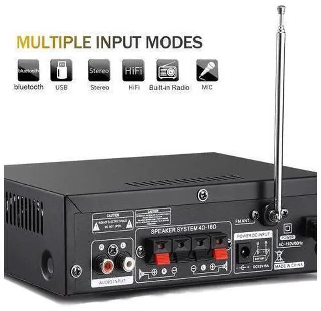 Alt view image 5 of 7 - 298A Max 300Wx2 Wireless Bluetooth 5.0 Stereo Audio Amplifier, RMS 40Wx2 Power Amp 2 Channel Stereo Receiver for Home Theater Speakers, Bass & Treble Control, USB/SD/RCA/MIC/FM in, Remote