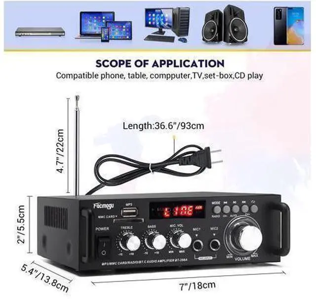 Alt view image 6 of 7 - 298A Max 300Wx2 Wireless Bluetooth 5.0 Stereo Audio Amplifier, RMS 40Wx2 Power Amp 2 Channel Stereo Receiver for Home Theater Speakers, Bass & Treble Control, USB/SD/RCA/MIC/FM in, Remote