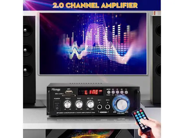 Alt view image 7 of 7 - 298A Max 300Wx2 Wireless Bluetooth 5.0 Stereo Audio Amplifier, RMS 40Wx2 Power Amp 2 Channel Stereo Receiver for Home Theater Speakers, Bass & Treble Control, USB/SD/RCA/MIC/FM in, Remote