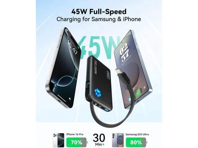 Alt view image 2 of 7 - 45W Power Bank Fast Charging Portable Charger with Built-in USB C Cable 10000mAh Small Type C Powerbank Battery Pack for iPhone 17 16 15 14 iPad S25 S24 etc Travel Camping Essentials