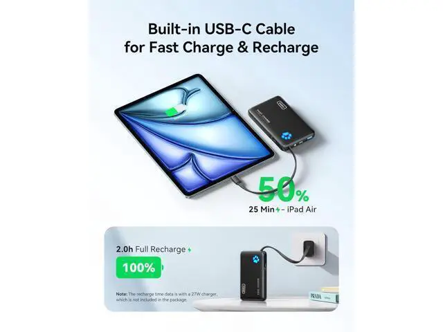 Alt view image 4 of 7 - 45W Power Bank Fast Charging Portable Charger with Built-in USB C Cable 10000mAh Small Type C Powerbank Battery Pack for iPhone 17 16 15 14 iPad S25 S24 etc Travel Camping Essentials