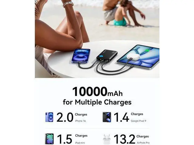 Alt view image 7 of 7 - 45W Power Bank Fast Charging Portable Charger with Built-in USB C Cable 10000mAh Small Type C Powerbank Battery Pack for iPhone 17 16 15 14 iPad S25 S24 etc Travel Camping Essentials