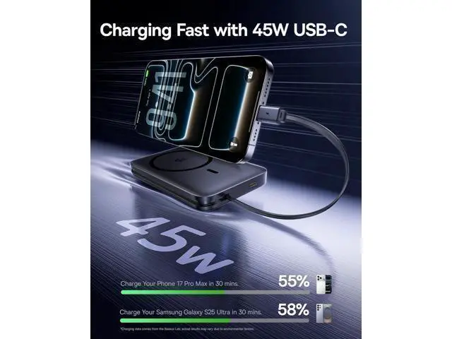 Alt view image 3 of 7 - Picogo Qi2.2 25W Magsafe Portable Charger Power Bank 10000mAh 45W with Built-in Cable USB-C Fast Charging for iPhone 17/16/15/14/13 Pro Max/Galaxy S25 / Pixel 10 Pro Black